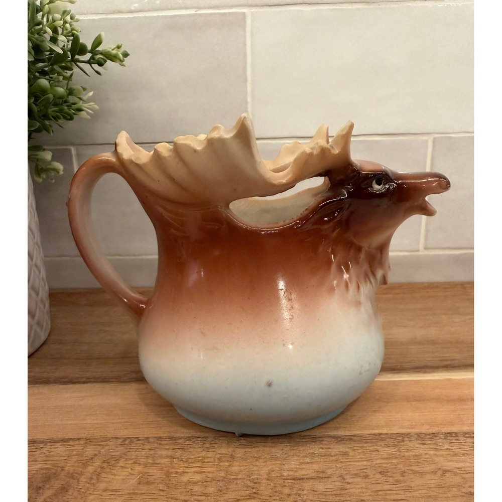 Vintage Austria Ceramic Moose Head Pitcher Creamer‎ Brown Blue Glaze